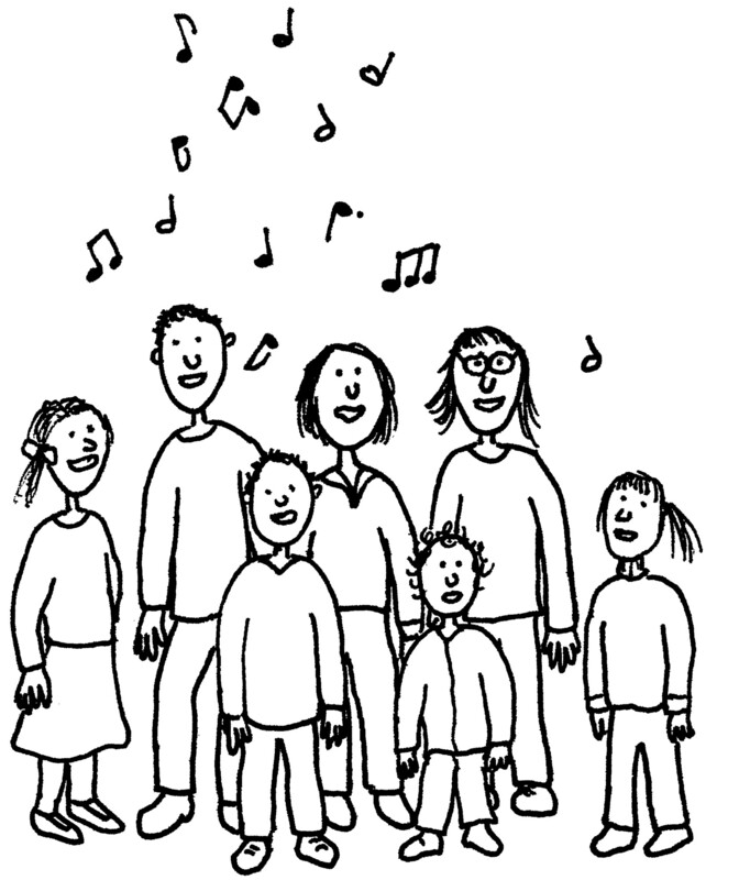 Schwarz-weiß Zeichnung von stehenden Menschen verschieder Größe beim Singen mit Noten über den Köpfen