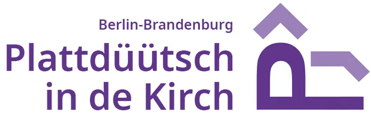 Violettes Logo auf weißem Hintergrund mit der Aufschrift ,,Berlin Brandenburg. Plattdüütsch in de Kirch''.
