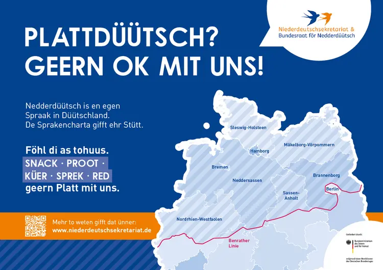 Abbildung einer Deutschland Karte, in die die Benrather Linie eingezeichnet ist. Als Überschrift ,,Plattdüütsch? Gern ok mit uns!''.