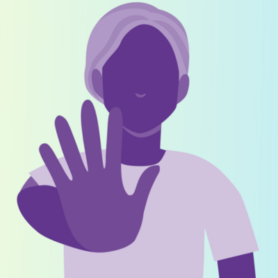 Ein computergenerierte ungeschlechtliche Person hält die rechte Hand mit Stopphaltung ins Zentrum des Bildes. Das Gesicht ist nicht zu erkennen. Die Person trägt ein T-Shirt.