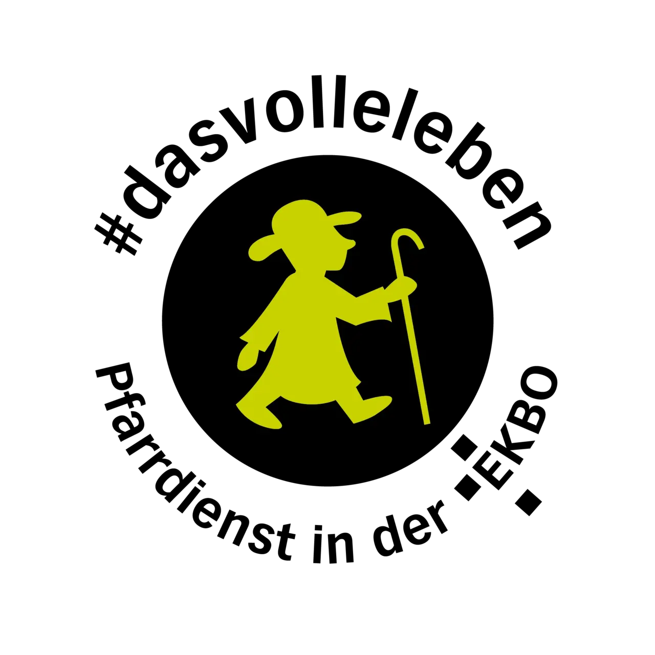 Kreisförmiges Logo mit einem grünen Männchen in der Mitte, das einen Hut und Wanderstock trägt. Darüber steht der Hashtag ,,Das volle Leben''.