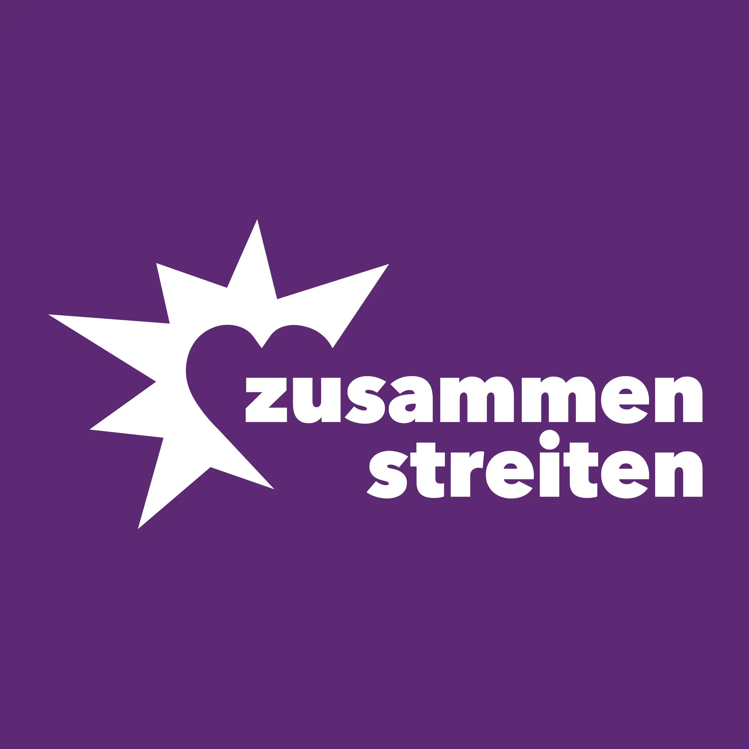 Das Kampagnenlogo von zusammen streiten ist Lila. Mit weißer Schrift steht dort: zusammen streiten. Eine weiße Form mit Zacken auf der linken Seite wird durch eine Herzkontur auf der rechten Seite ergänzt.