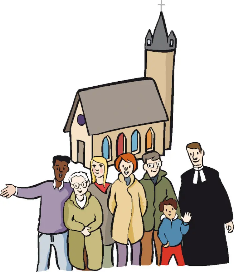 Leichte-Sprache-Bild, Zeichnung: Menschen stehen in einer Gruppe vor einer Kirche.