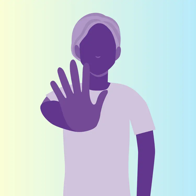Computergeneriertes Bild von einer gesichtslosen Person, die die rechte Hand ins Zentrum des Bildes hält und Stopp signalisiert.