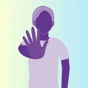 Computergeneriertes Bild von einer gesichtslosen Person, die die rechte Hand ins Zentrum des Bildes hält und Stopp signalisiert.