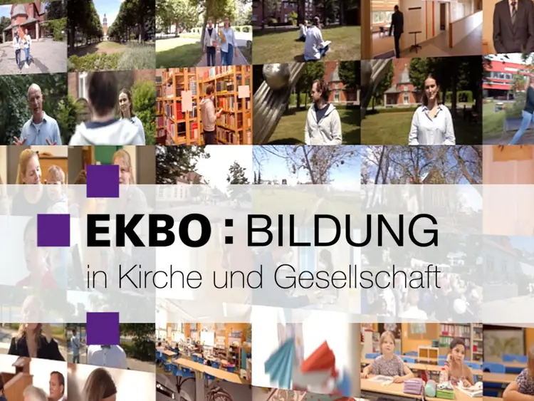 Fotocollage, auf der verschiedene Personen in der Natur und in Räumen zu sehen sind mit der Aufschrift ,,EKBO: Bildung in Kirche und Gesellschaft''.