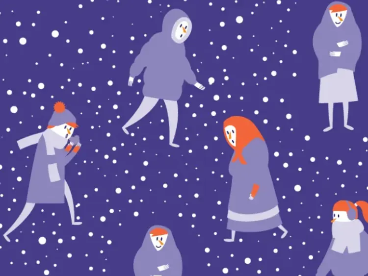 Violetter Hintergrund, auf dem viele weiße Schneeflocken und warm angezogene animierte Figuren dargestellt sind. 