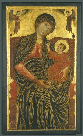 Thronende Maria mit dem Kind und und zwei Engeln von Meister der Heiligen Magdalena (2. Hälfte 13. Jh.). Kulturstiftung St. Matthäus.