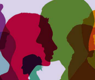 Mutig streiten Broschüre. Verschiedenfarbige Köpfe symbolisieren grafisch ein Gespräch, Quelle: EKBO